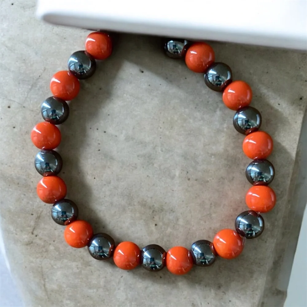 Orange and Hematite Beaded Stretch Bracelet 7 inch - Picture 1 of 2